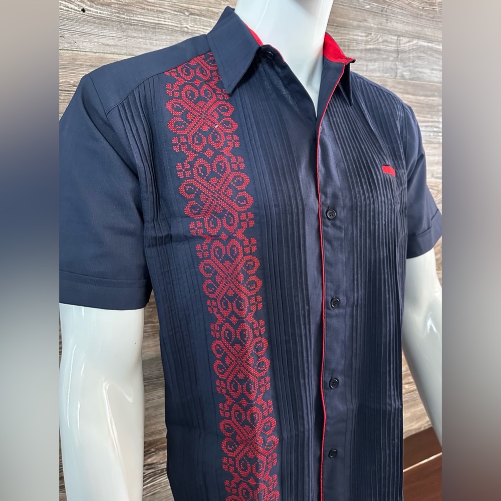 Casanova Mexican Guayabera Casual Shirt Navy Blue Short Sleeve Red Embroidery
